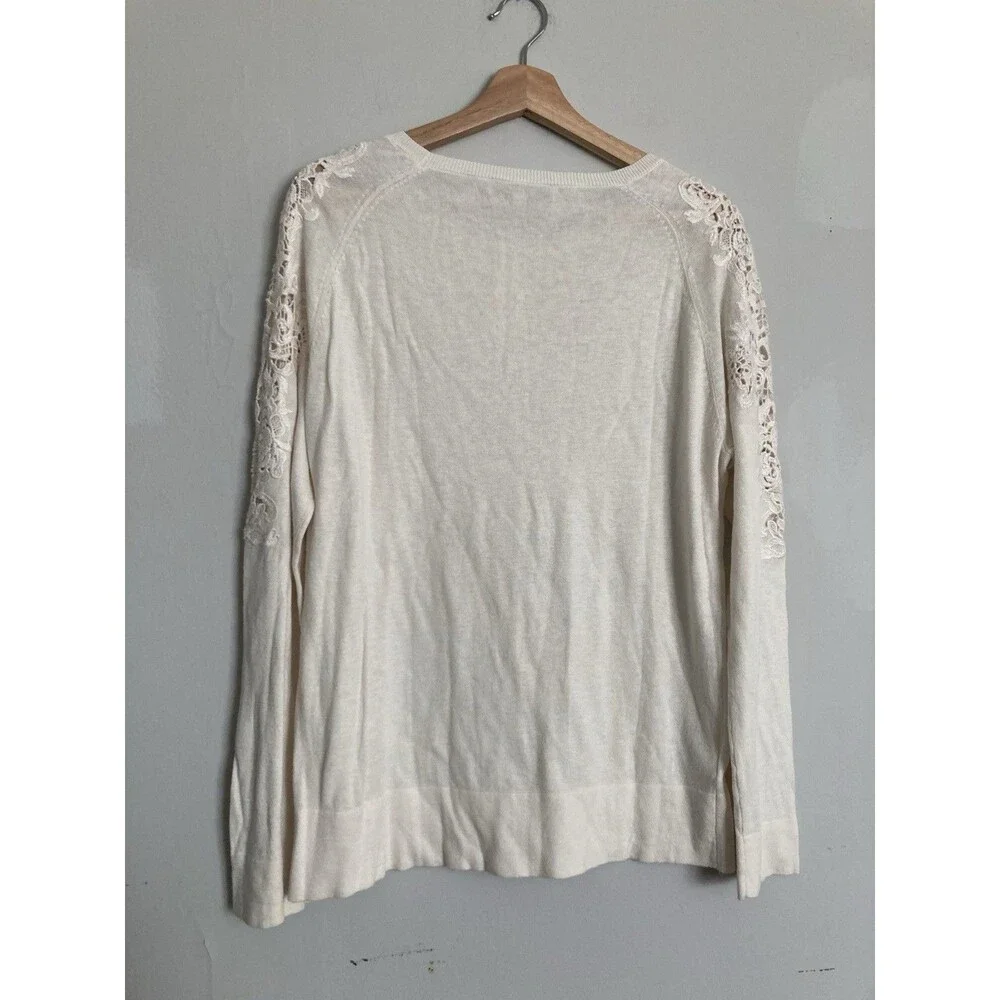 New LOFT Lace Appliqué Knit Sweater LARGE Ivory Long Sleeve
